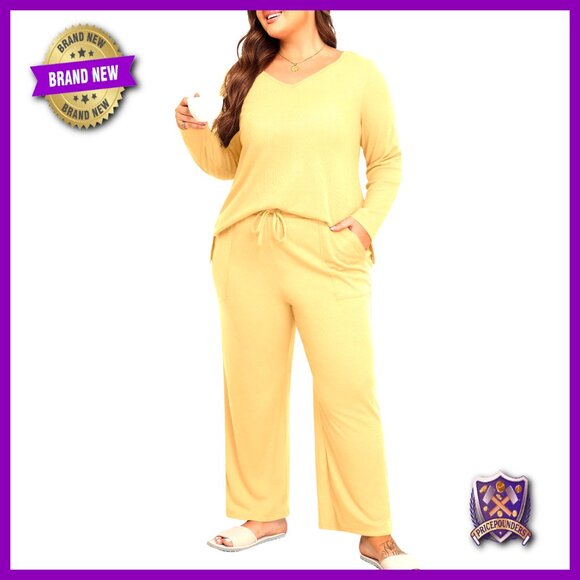 Plus Size 2-Piece Pajama Set Long Sleeve V-Neck Top Wide Leg Pants Pockets